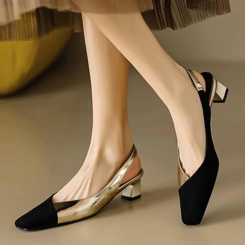 Women Square Toe Sandals Black Toe Patchwork Pumps Gold Sliver Slingbacks Mid Heels Summer Female Dress Shoes Plus Size 41