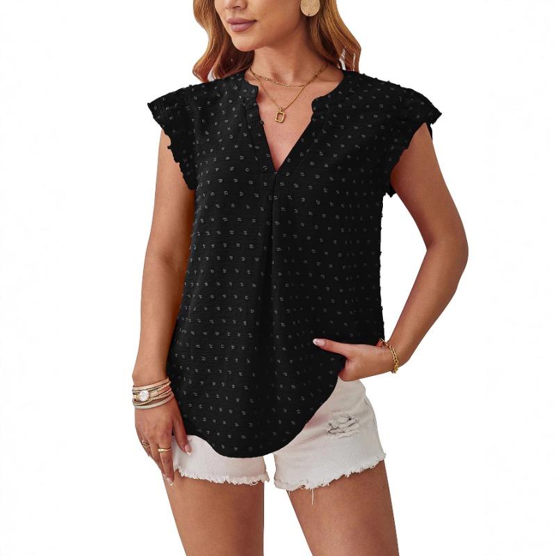 Women V Neck Ruffle Sleeve Polka Dot Jacquard Casual Work Blouse S чёрный