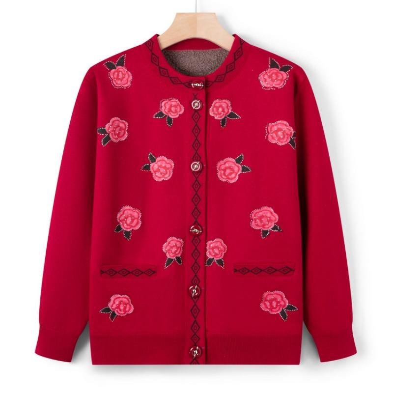 Middle-aged mother's autumn new velvet thickened knitted sweater grandma's cardigan printed top casual jacket