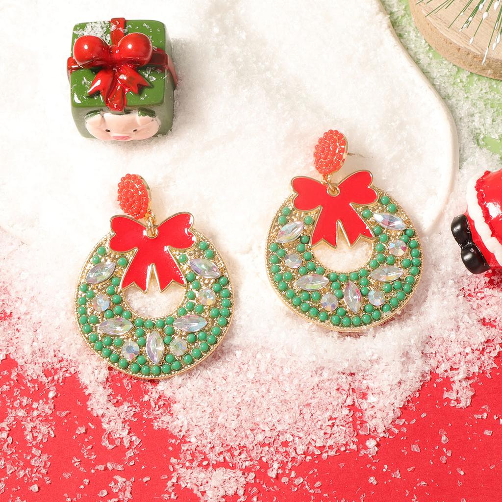 Christmas simple fashion drop oil red bow rice bead zircon geometric niche versatile earrings