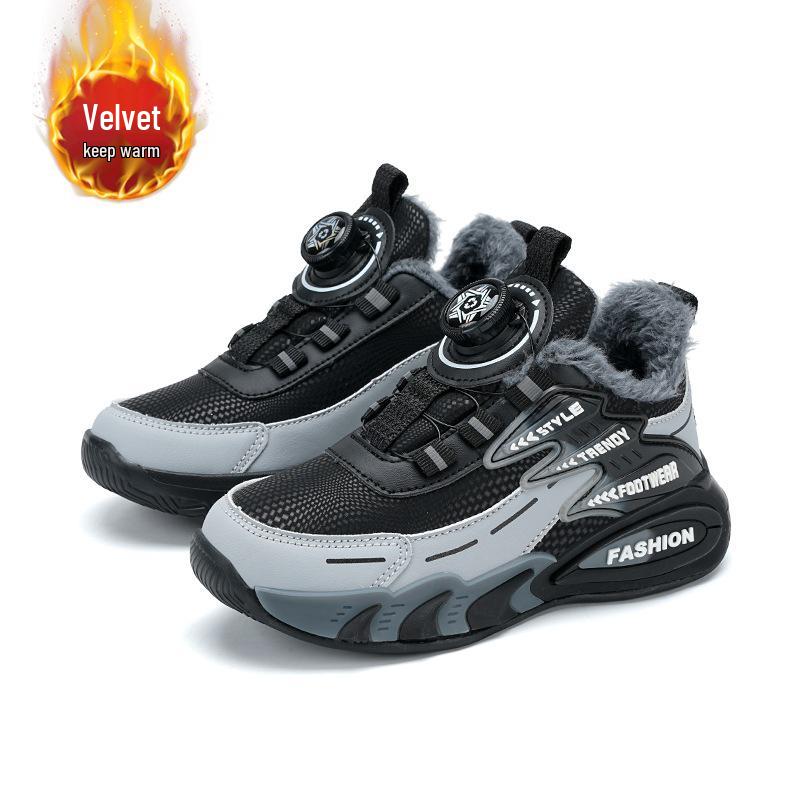 Boys' 2025 Autumn/Winter Sports Shoes with Rotating Button, Double-Layered Cotton, Plus Velvet Warmth for Medium and Large Children.