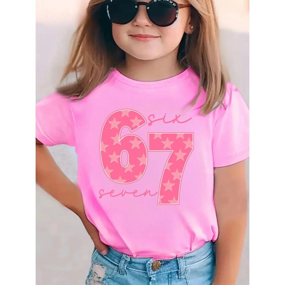 Summer Fashion Girls' Short-Sleeve T-Shirt with Star Elements Six Seven 6 7 Cartoon Print Casual and Versatile Top