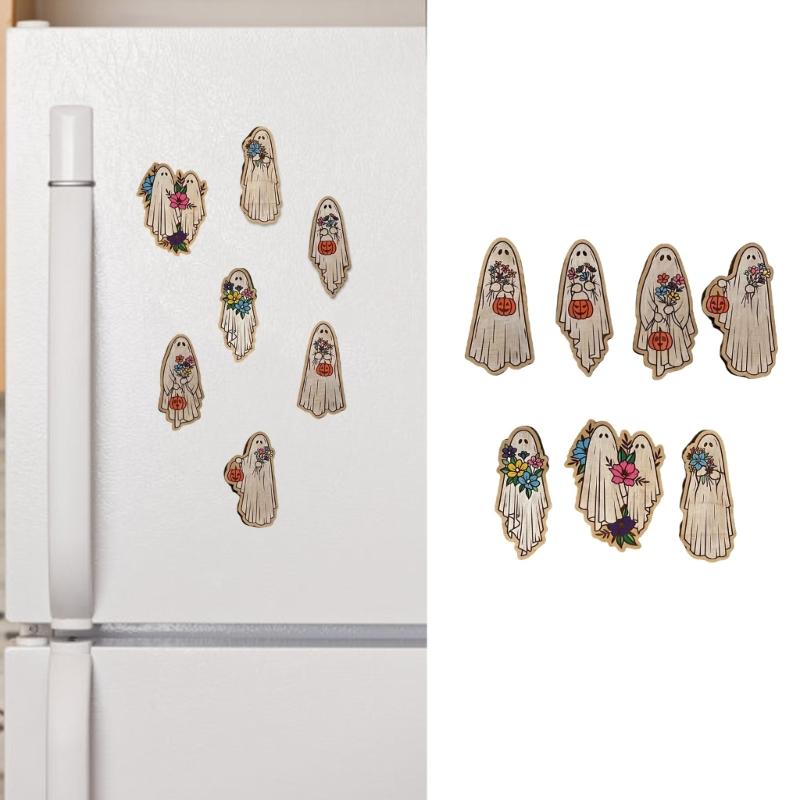 Set Of 7 Vintage Cartoon Wood Ghostly Refrigerator Magnets Halloween Kitchen Accessories for Festivals Party Ornaments