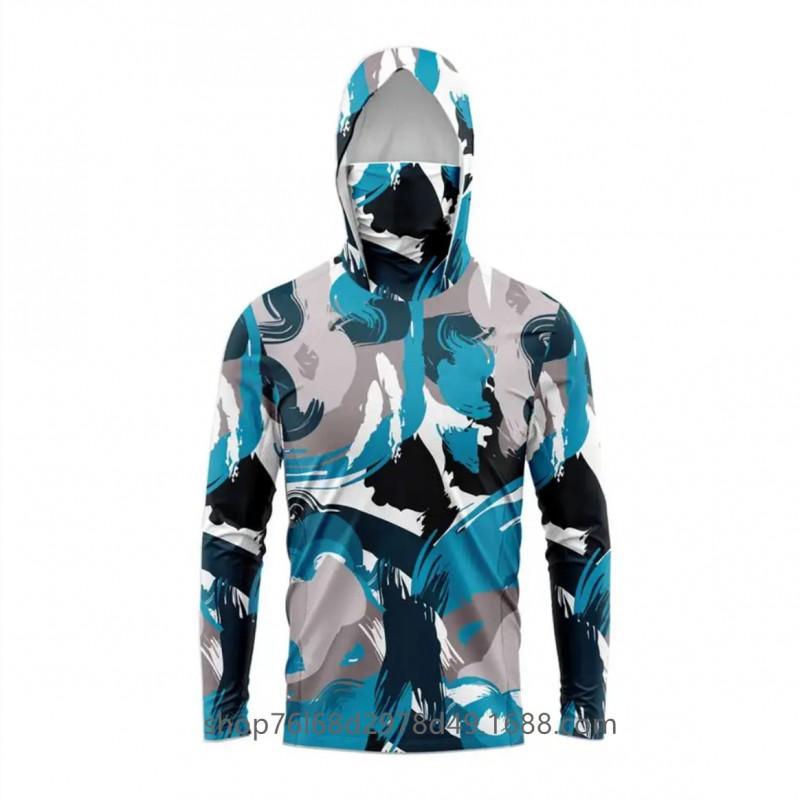 Mens Quick-Dry Ice Silk Long Sleeve Fishing Shirt With Hood Integrated Face Cover UV Protection Outdoor Sunproof Apparel