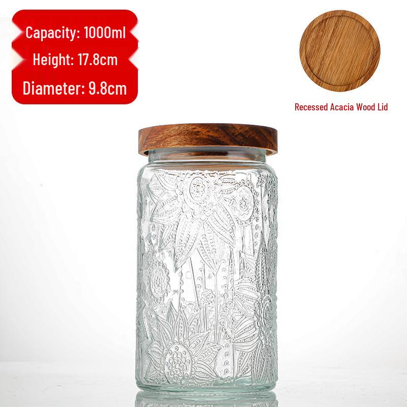Cylindrical Embossed Glass Storage Jar with Wooden Lid for Dried Fruits and Grains