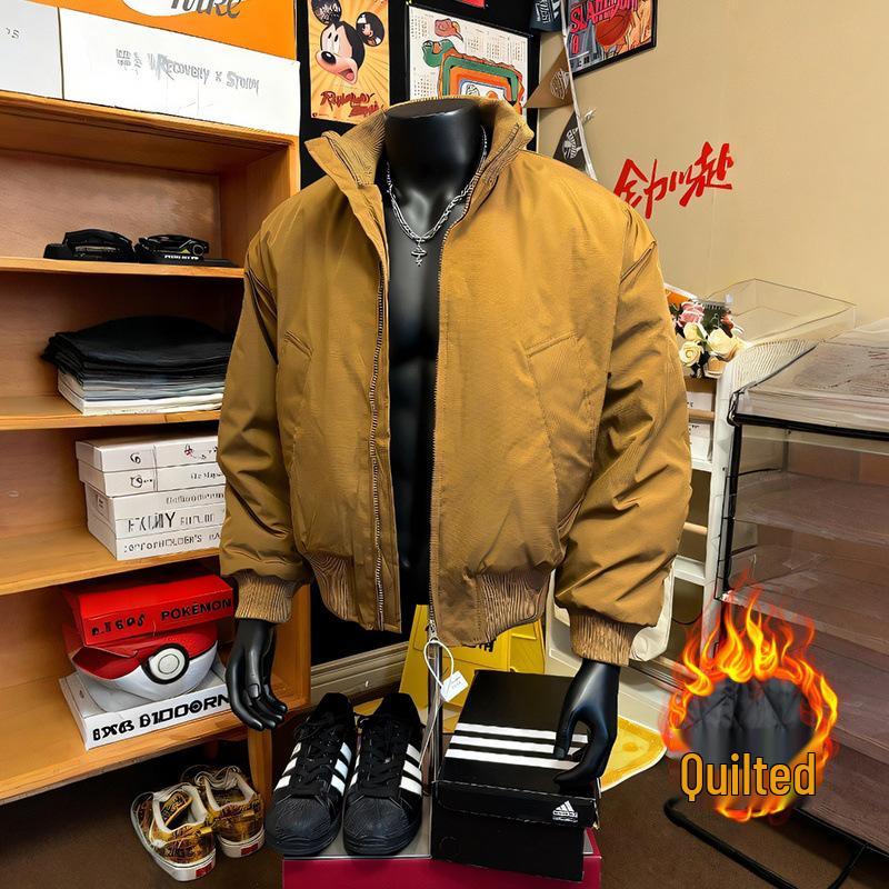 Men's American-Style Oversized Pilot Jacket: Autumn/Winter Thick Cotton, High-End Stand Collar Baseball Jacket