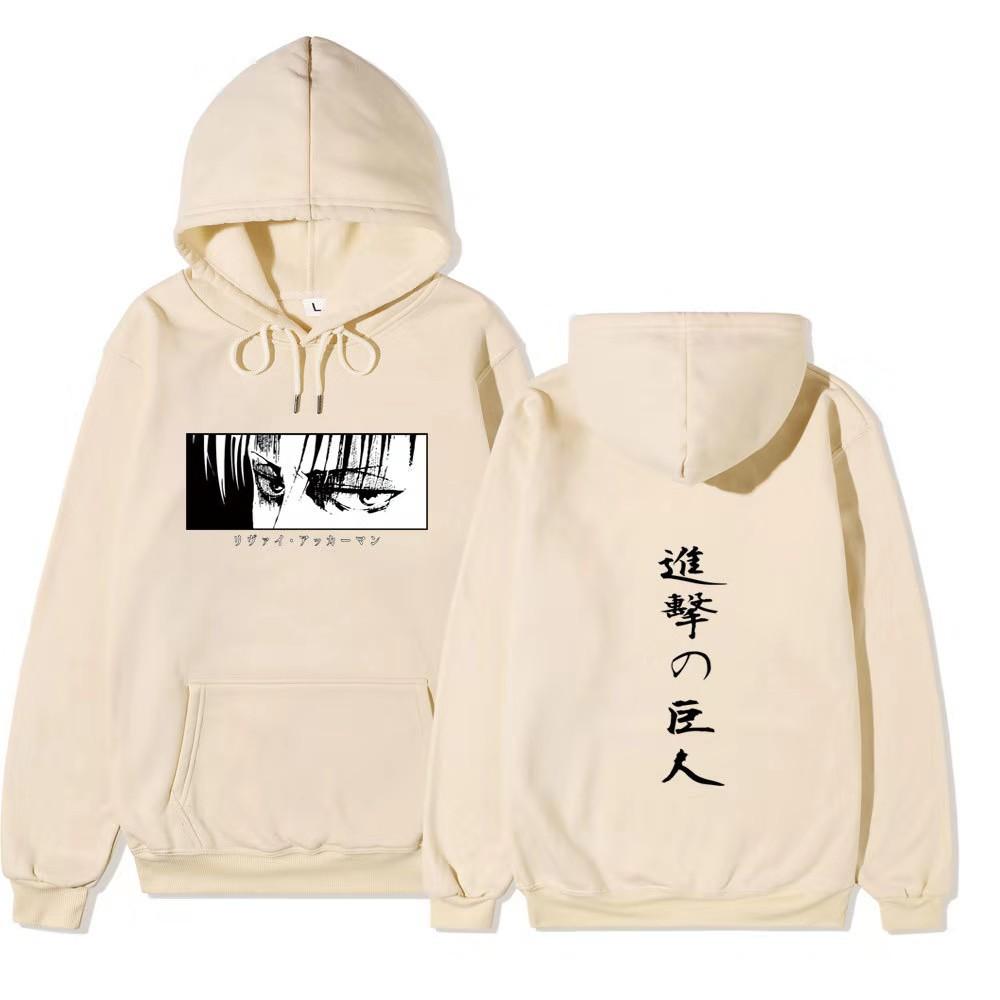 Attack On Titan Levi Ackerman Hoodie Unisex Fleece Sweatshirt Front Manga Eyes Print, Back Japanese Text, Autumn Winter Casual Pullover