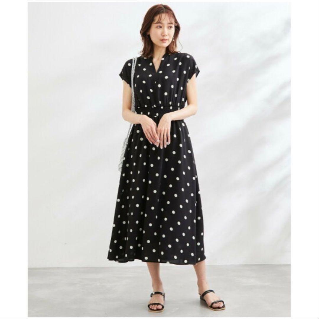 ROPE PICNIC Key neck dot pattern dress Black M size