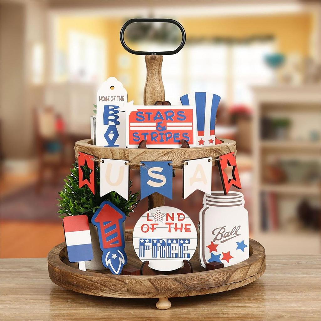 Patriotic Tiered Tray Decor, Independence Day Wooden Sign Decor, American Flag Garland Table Centerpiece, Memorial Day  Decor