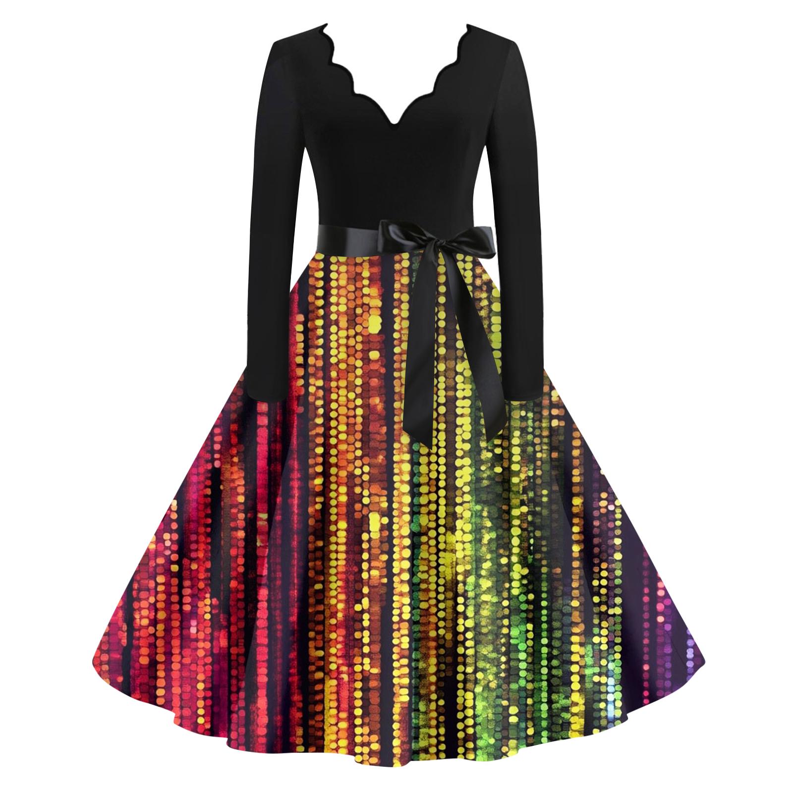 

Женское повседневное модное платье с V-образным вырезом и длинным рукавом с принтом в винтажном стиле XL