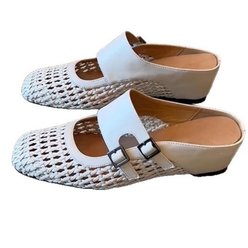 Sheepskin version~ inner height increase with half slippers women's square head versatile woven hollow and breathable outer bag head sandals