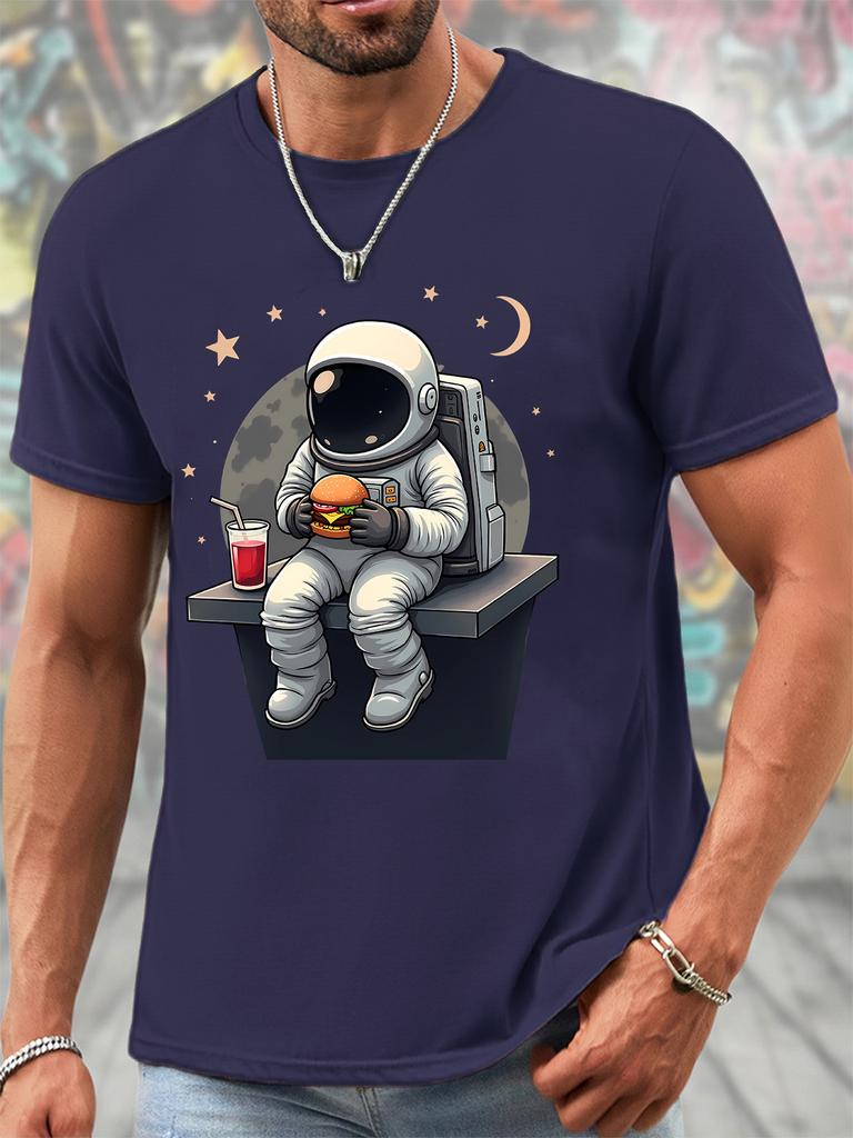 Unisex O Neck Tee Astronaut Burger Cartoon Print Cotton Short Sleeve Loose Summer Street Breathable Daily Casual Basic Wear Top