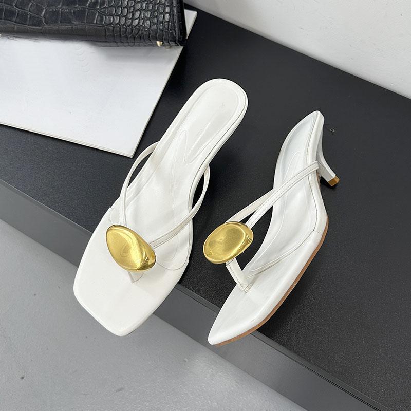 

Fashion Fashion Metal Women Low Heel Slides Slippers New In Summer Beach Female Flip flops Sandals Ladies Heeled Slippers Shoes Pumps 35 бежевый