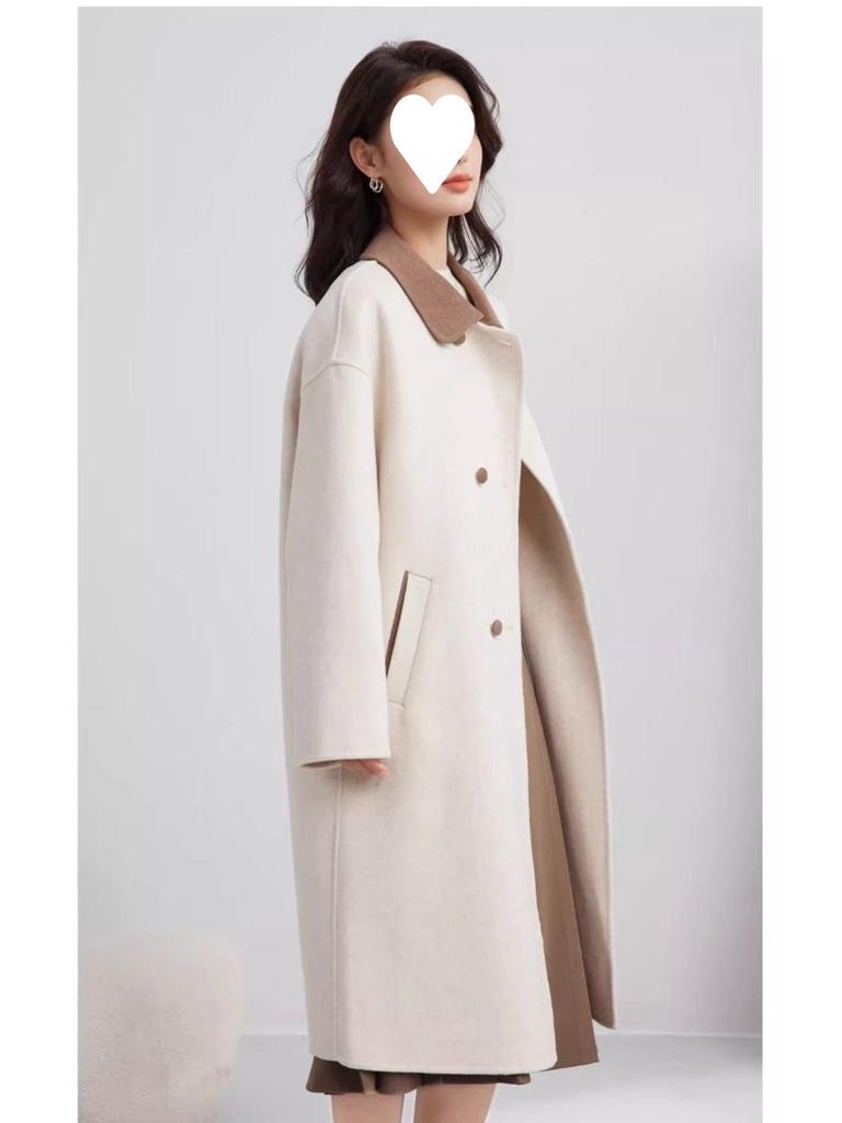 Women's Elegant Beige Woolen Mid-Length Coat, 2025 Winter French Casual, Petite Plus, Thick Outerwear
