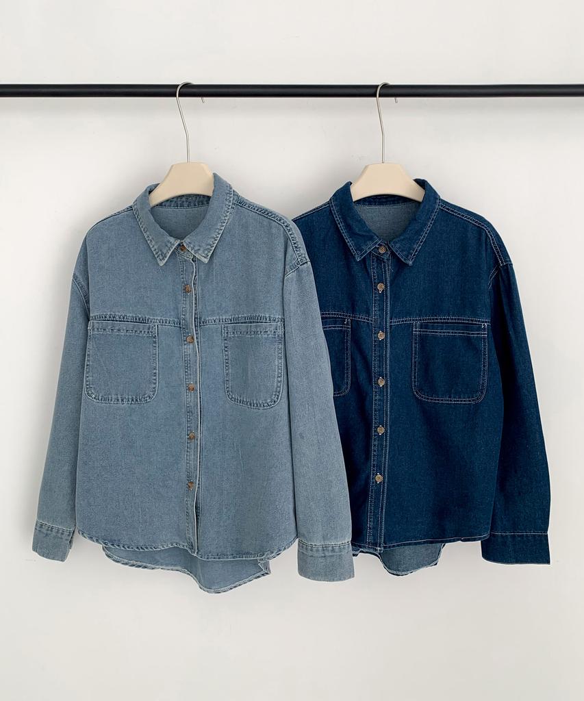 Baseukala Stitch Line Vintage Denim Shirt (2Colors)
