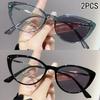 2PCS Light-sensitive color-changing cat eye style retro trendy non-face slimming flat light glasses high-end myopia glasses