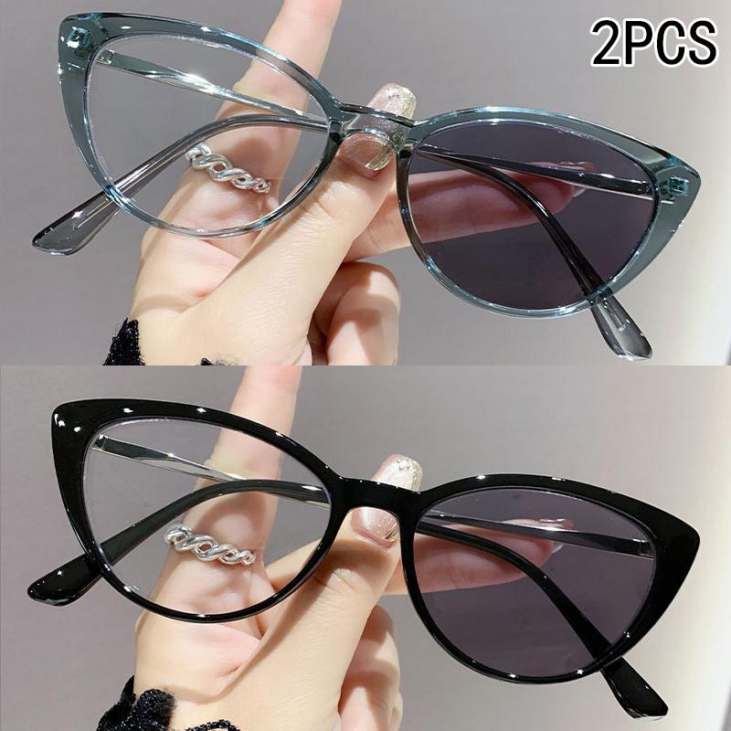 2PCS Light-sensitive color-changing cat eye style retro trendy non-face slimming flat light glasses high-end myopia glasses
