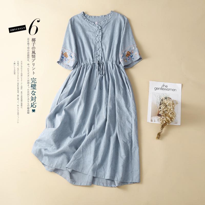 Baumwoll-Leinen-Stickkleid Damen Sommer 2025 Lang Locker Gas spitzenkragen Kurzarm Knielang Rock