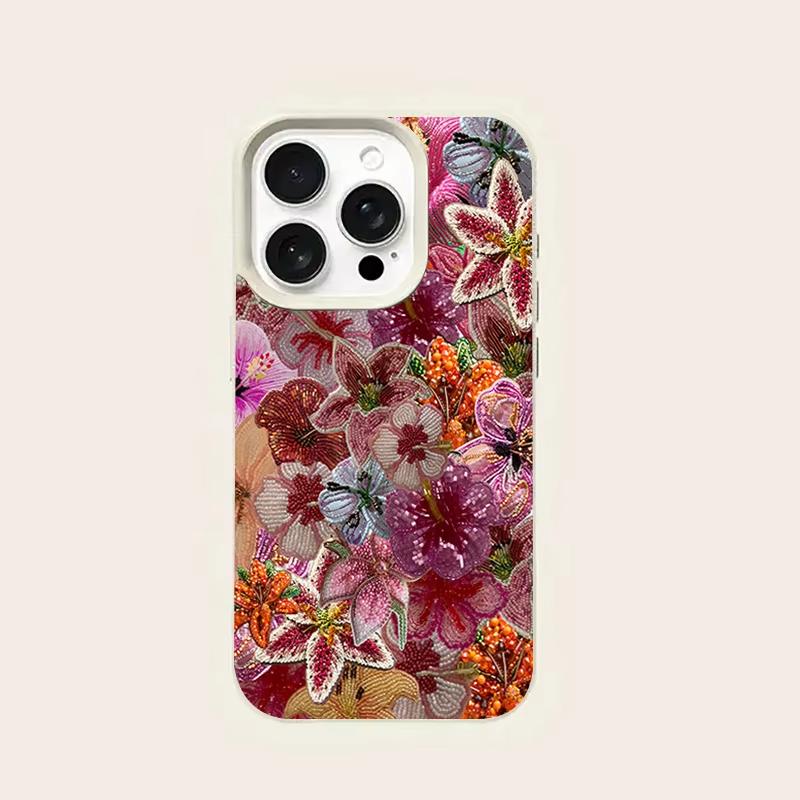 Luxurious Beaded Flower Lychee Texture Phone Case For iPhone 17 Air 16 e 15 14 13 12 11 Pro Max Plus SE Silicone Soft Cover