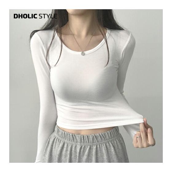 Cropped Tight Fit T-shirt p424193 Women s [Tops] Tops Long Sleeve T-shirt Single Color Plain Simple Basic Cropped Length Tight Slim Slim Rayon Blend