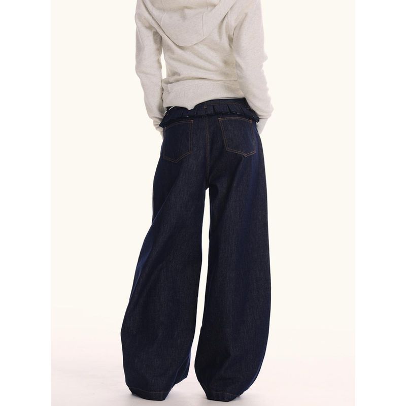 0123Start Waist-Stitched Flared Hem Jeans Unisex Loose American Retro Baggy Scimitar Pants Trendy