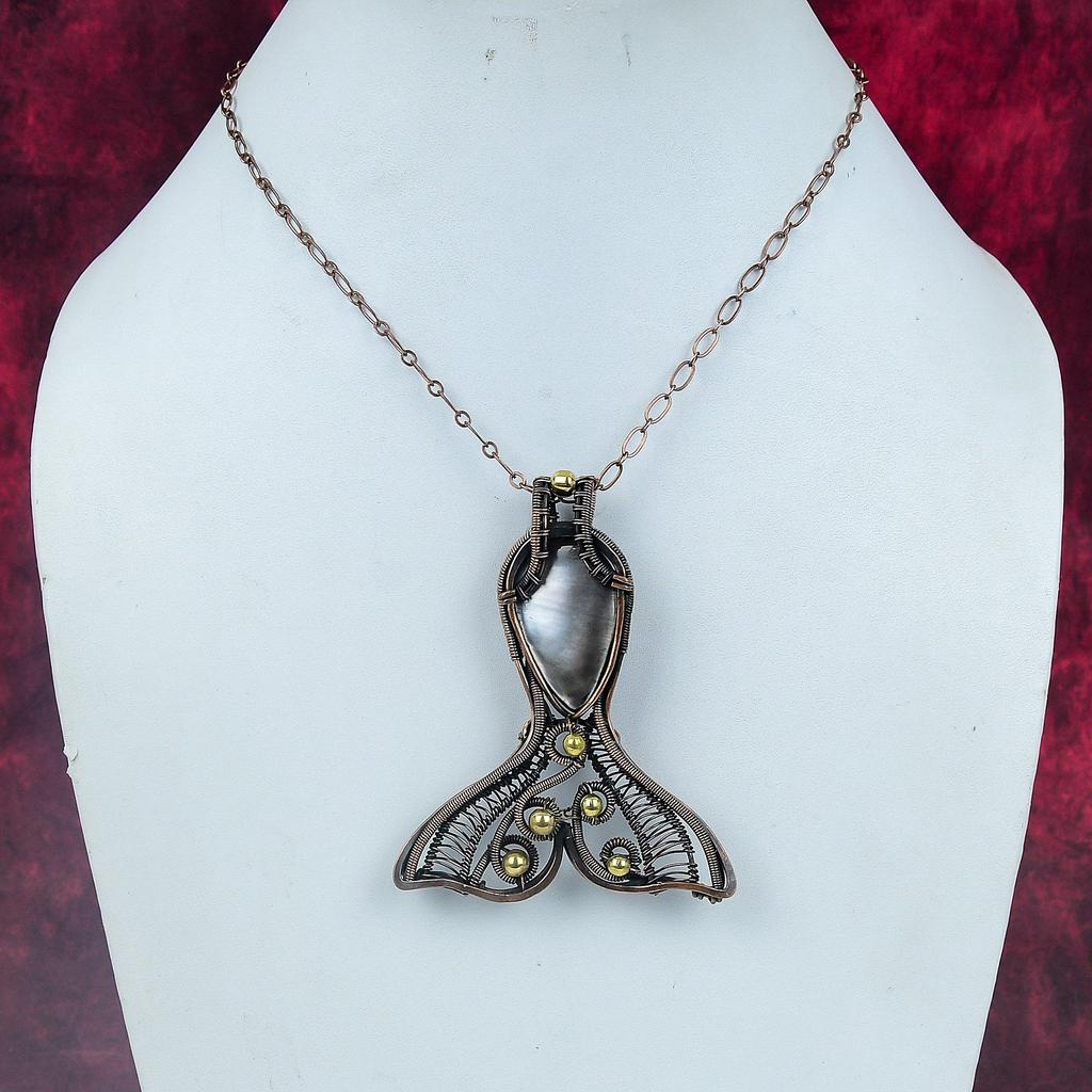 Black Mother Of Pearl Pendant Copper Wire Wrapped Fish Pendant Gemstone Jewelry
