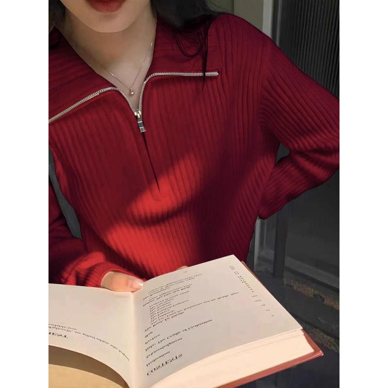 Women's Cozy Autumn & Winter Zipper Sweater - Lazy Style, Loose Fit, Soft Knit Polo Collar Pullover