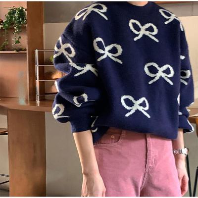 European and American Autumn and Winter Round Neck Jacquard Bow Long Sleeved Fashionable Loose Casual Sweater for Women