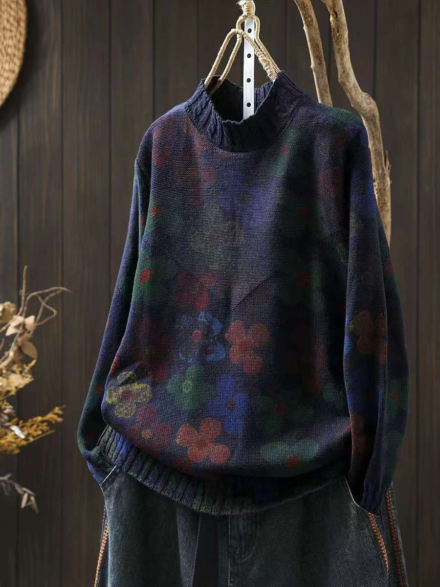 

Johnature китайский стиль цветы принт воротник свободный винтажный повседневный свитер женский зимний модный свитер с длинными рукавами One Size тёмно-синий