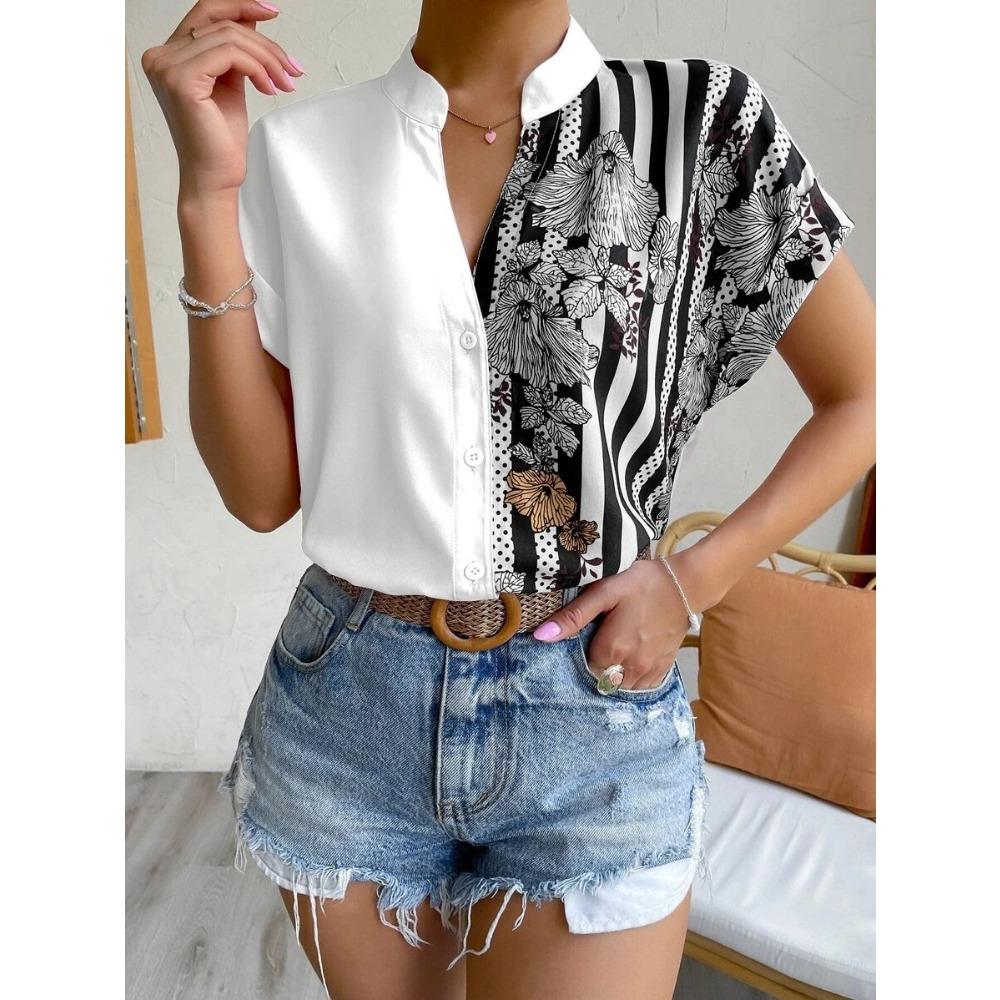 Elegante Mode Gestreifte Floral Bedruckte V-Ausschnitt Kurzarm Street Knopfleisten Hemden 2025 Sommer Lässiges Lockeres Oberteil Bluse Damen Blusas