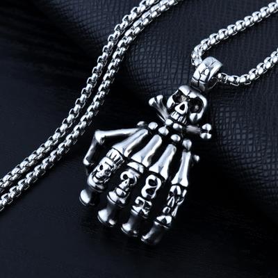 Skull Hand Pendant Necklace For Men Women Vintage Copper Color Skeleton Stainless Steel Chain Hip Hop Jewelry Halloween Gifts