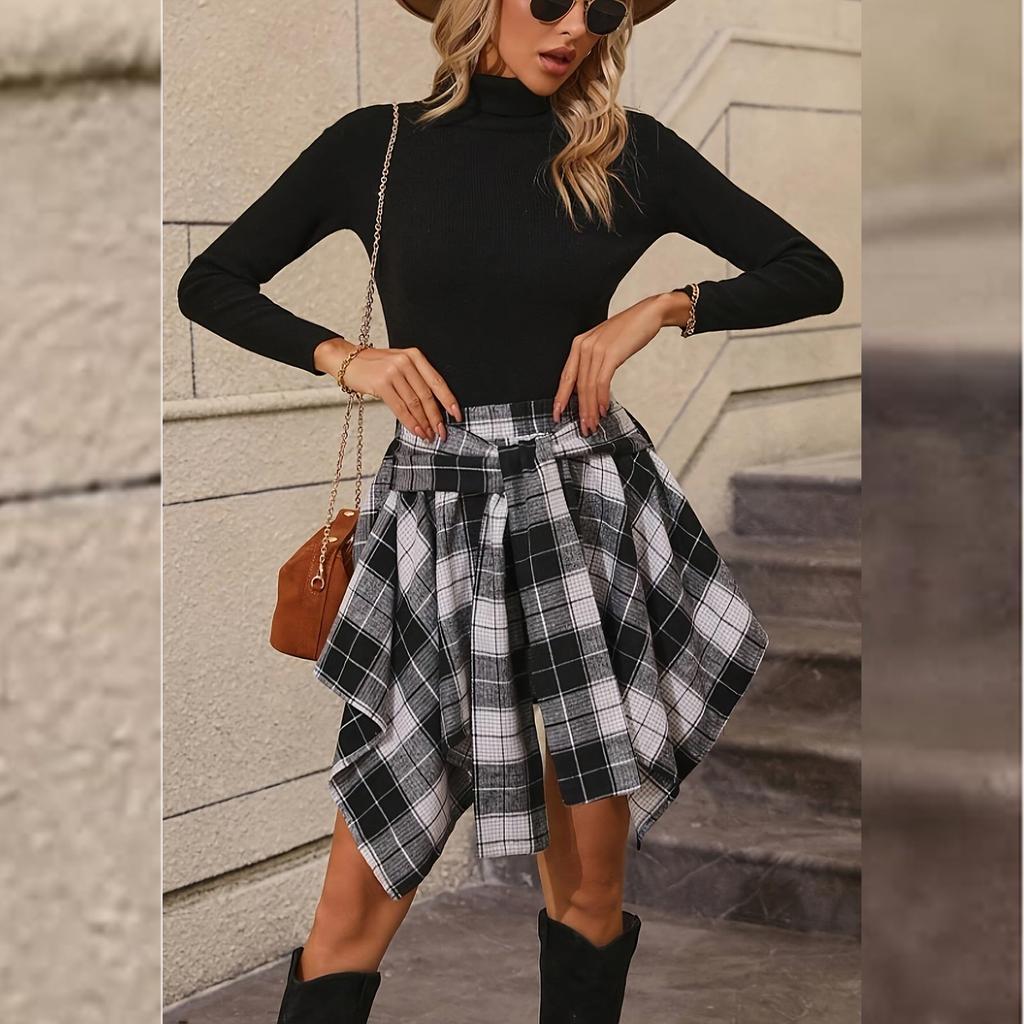 Womens Plaid Skirt High Waisted Asymmetrical Hem Flared Knot Front Casual Fashion Skirt