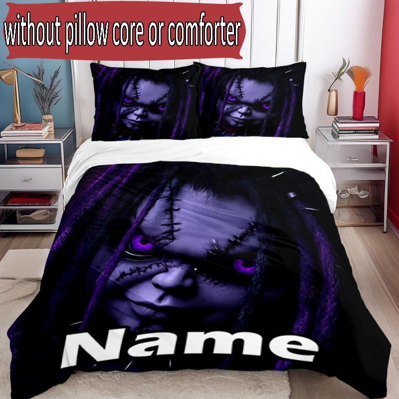 Set cuvertură de pilota 3 buc (1 * Husă de pilota + 2 * Față de pernă, Fără Miez), Set de așternut personalizat cu nume și model Bride of Chucky, Cadou Decor Dormitor Acasă