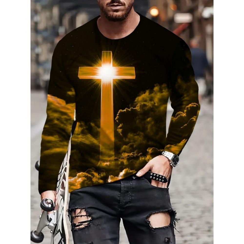 Street Style Flame Print Long Sleeve T-Shirt, Cool Casual Wear For Men
