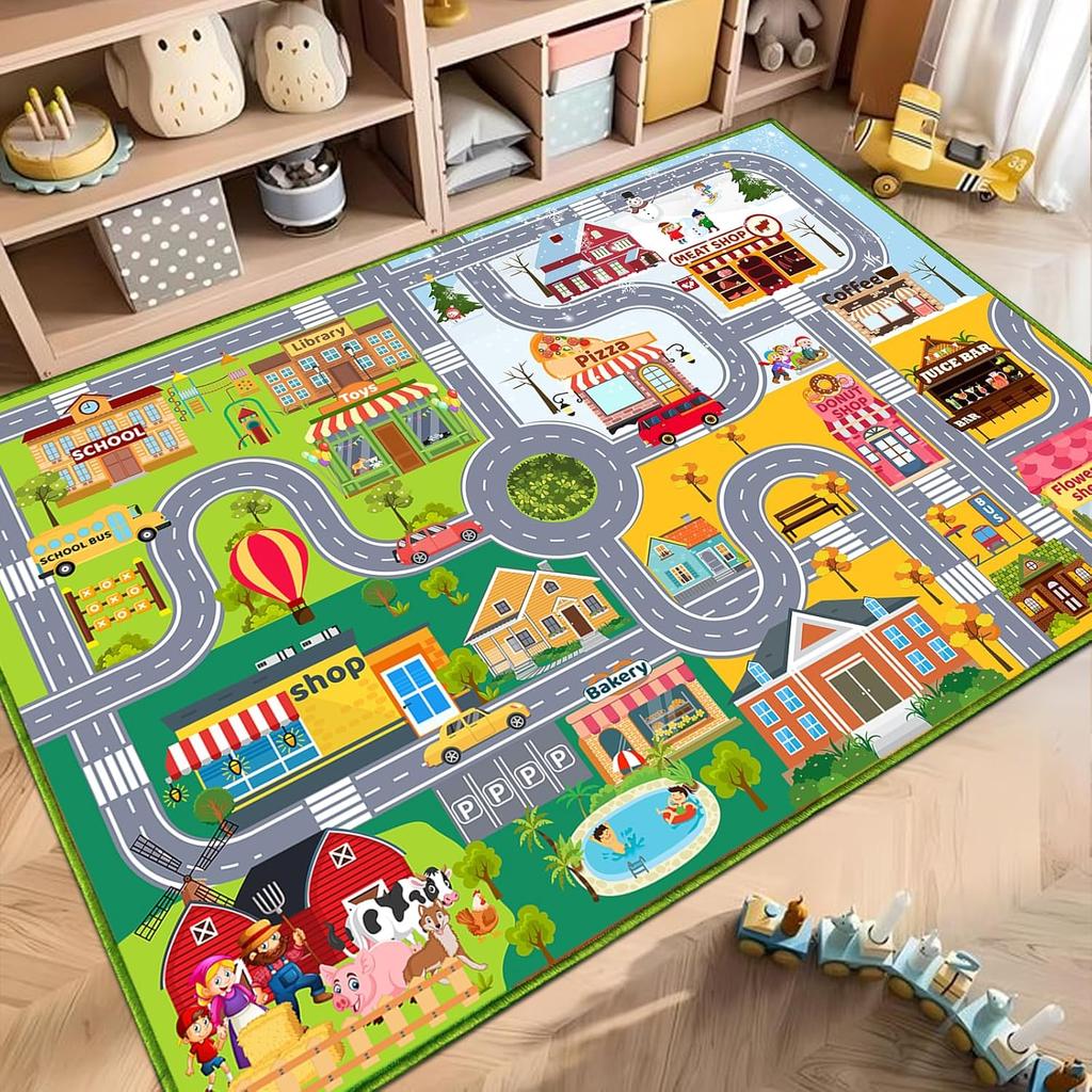 Cartoon City Road Map Print Non-slip Kids Play Rug Educational Floor Mat with Buildings Cars Farm for Playroom Bedroom Decor