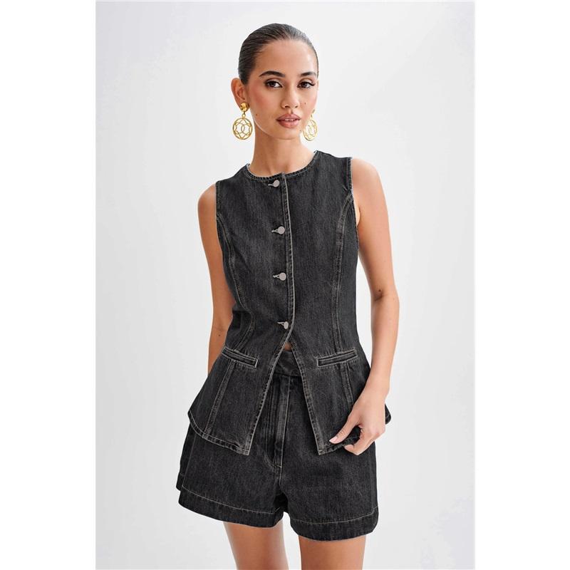 Spring/Summer Fashionable and Casual Sleeveless High - Waisted Denim Set for Women - Button - Down Sleeveless Vest with Pockets + Shorts