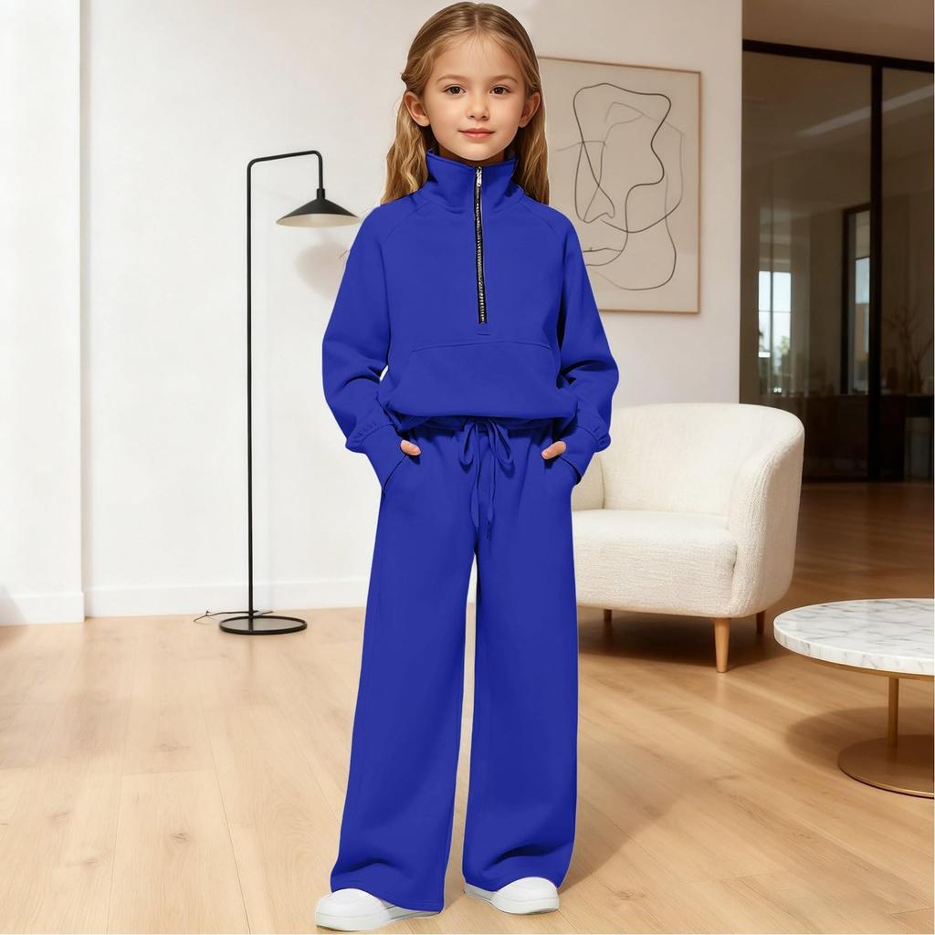 Dziewczęca bluza z wysokim dekoltem zapinana na pół zamek + długie spodnie sportowe polarowe casualowy zestaw dziecięcy