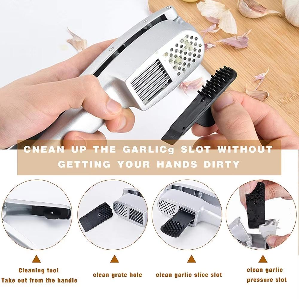 Garlic Press Set 2 In 1 Garlic Mince and Garlic Slice with Garlic Cleaner Brush and Silicone Tube Peeler Set Kitchen Gadgets