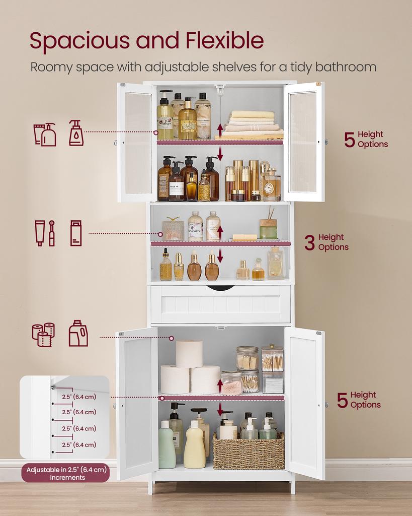 VASAGLE Storage Cabinet, Freestanding Bathroom Storage Unit with Adjustable Shelves, Drawer, Open Compartments, for Bathroom, Living Room, Kitchen