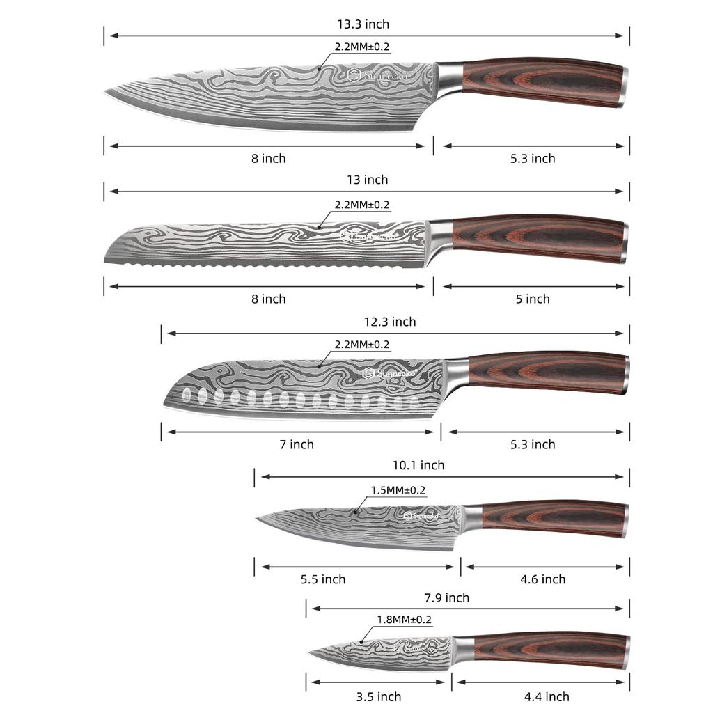Sunnecko Knife Santoku Bread Paring and Peeling Stainless Steel with Damascus Stylish and Perfect 5-Piece Set Knife, Chef's Knife, Knife, Knife,