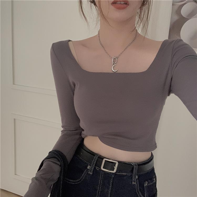 Camisetas negras cortas para mujer, camisetas ajustadas de manga larga, camisetas informales lisas con cuello cuadrado.
