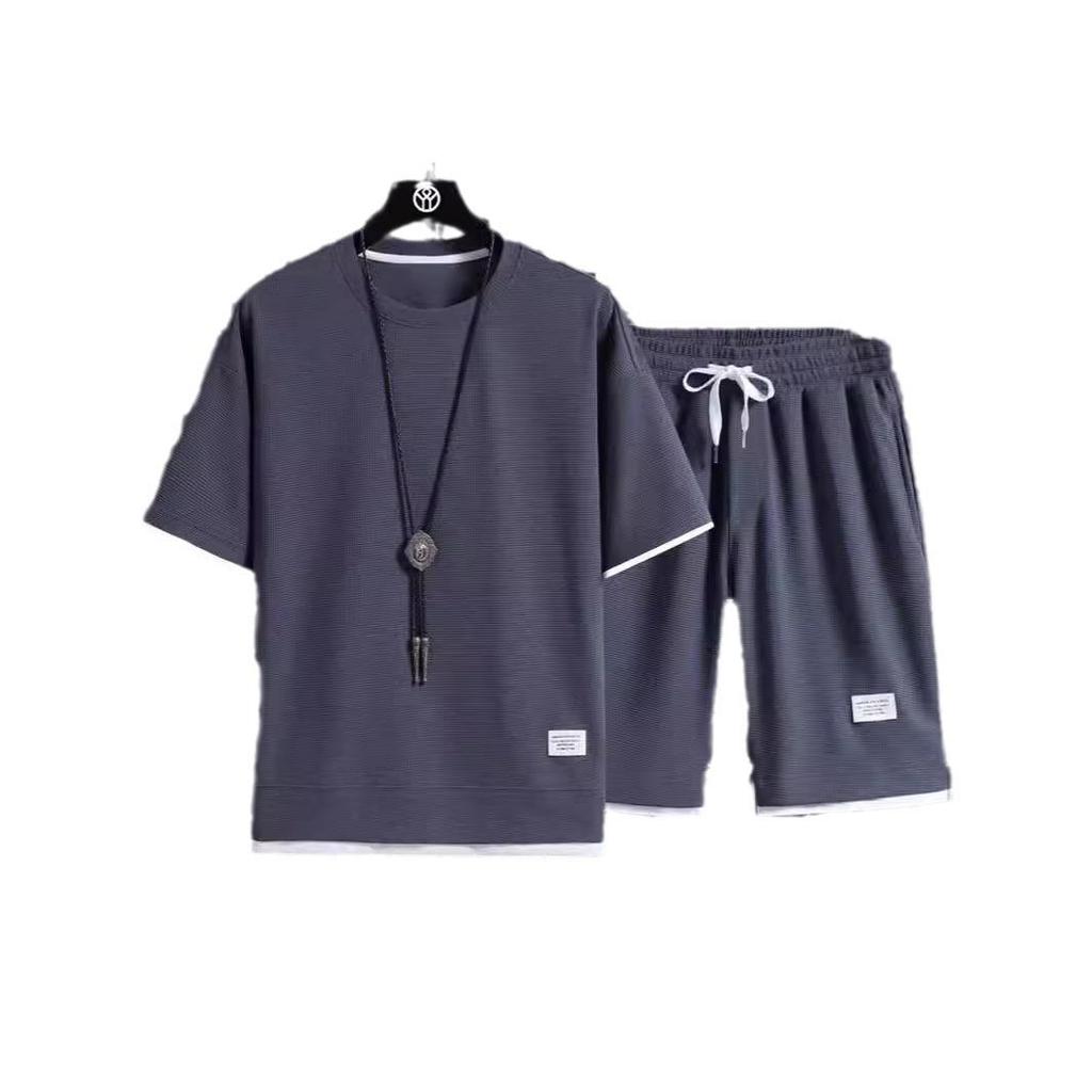 National Men's Summer Waffle Trend Casual Sports Set - Loose, Handsome Short Sleeve Clothing