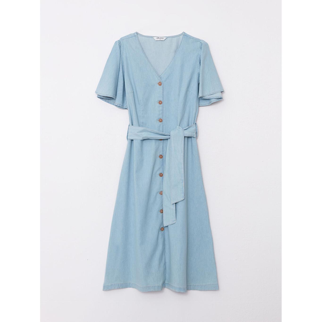 

Женское джинсовое платье с V-образным вырезом и короткими рукавами цвета индиго