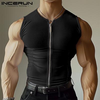 Men Summer Sleeveless Rib Front Zipper Casual Sport Fitted Tank Tops