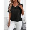 Women S Short Sleeve Blouse Doll Collar Pleated Solid Color Casual Top