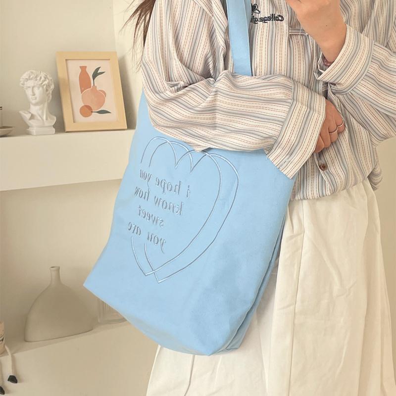 Korean Ins Style Canvas Bag Heart Embroidery Large Capacity Tote Bag For School And Commute Women's Shoulder Bag