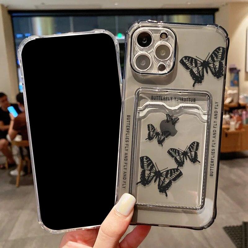 Silicone Wallet Card Holder Phone Case For iPhone 15 Pro Case iPhone 11 13 12 14 Pro Max X XR XS Max 7 8 SE Soft Butterfly Cover