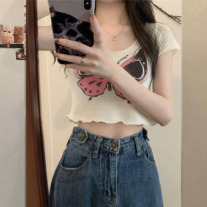 Butterfly Print Knitted Short Sleeved T-shirt for Women with A Unique and Chic Design Featuring A Niche Hollow Out Short Cut Top