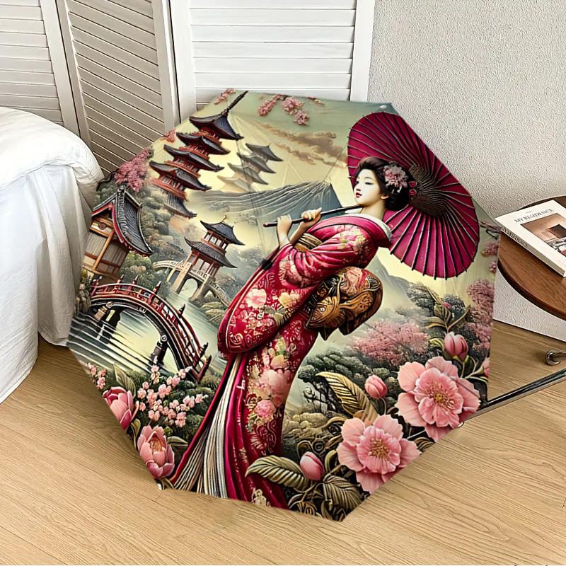 1 ks Deštník Geisha s květy, automaticky skládací - Kompaktní design s 8 žebry, odolný plast a železo, lehký pro venkovní každodenní použití, slavnostní dárek062