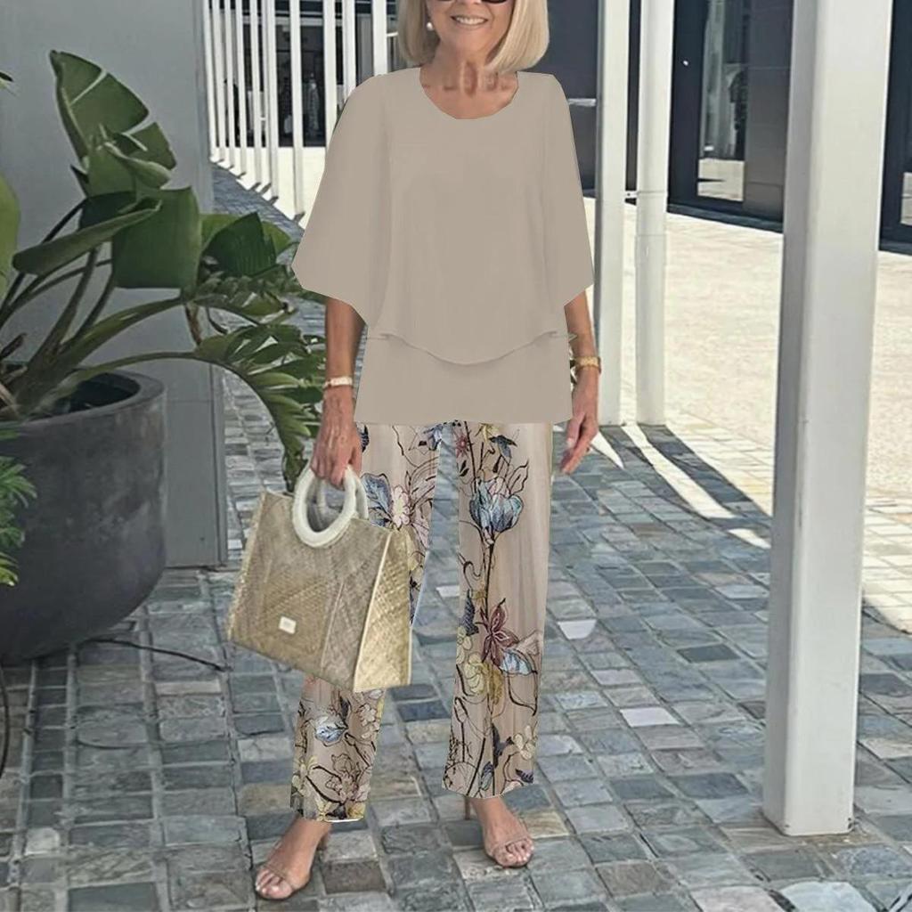 Women's Green Loose Fit Top with Leaf Print Pants Set, Casual Summer Outfit with Straw Bag